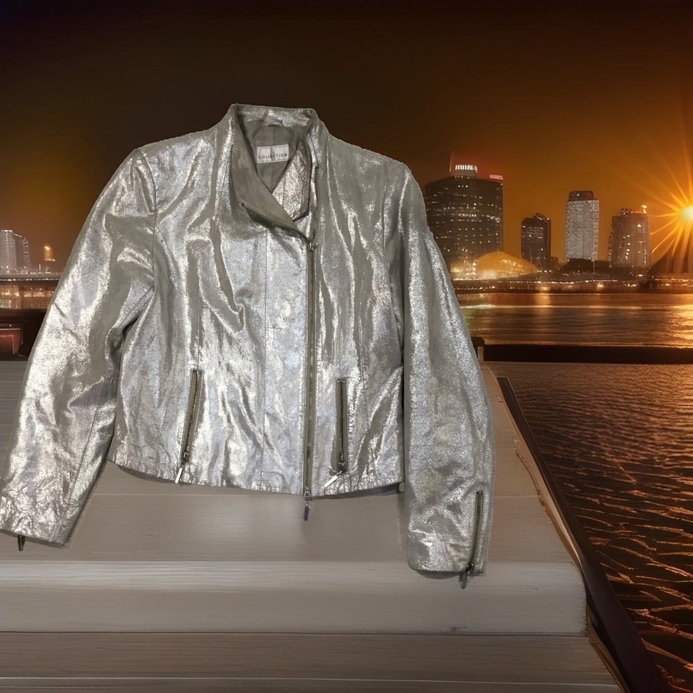 Collection Metallic Silver Leather Women's Small Moto biker jacket rebel rock